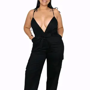 Elegant Black Jumpsuit with Deep V-Neckline and Bow Detail for Women