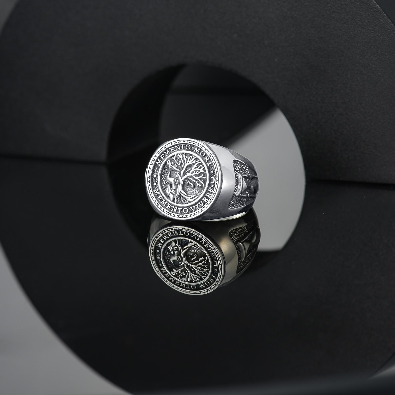 MEIDERBO Jewelry Memento Mori Ring for Men 925 Sterling Silver Tree of Life Ring Gothic Skull Memento Vivere Ring Amulet Jewelry Gifts