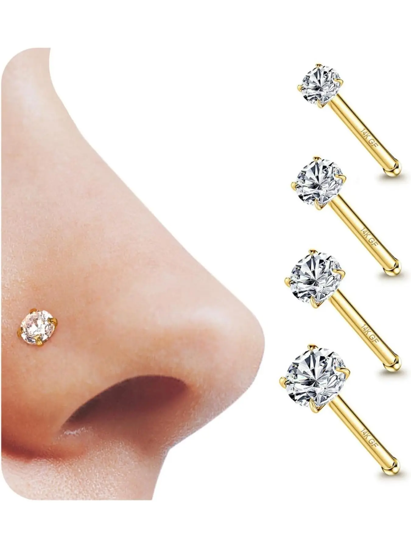 4 Pcs 20g Nose Studs Nose Rings, 1.5/2/2.5/3mm Round Cubic Zirconia, Casual Stainless Steel Jewelry Set