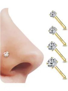 4 Pcs 20G Nose Studs Gold Filled Nose Rings 1.5/2/2.5/3mm Round Cubic Zirconia Bone Straight Screw L Shaped Nose Stud Gold Nose Piercings Jewelry