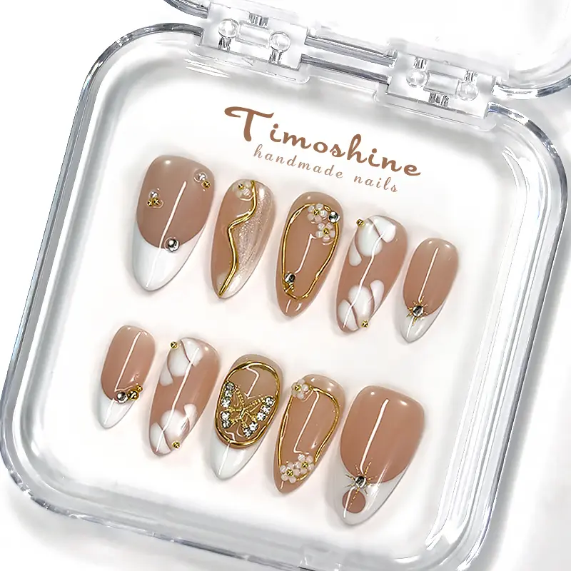 Timoshine CLEAN GIRL 10PCS Handmade Press On Nails Reusable 3D Gel Fake Nails Acrylic Salon-Quality Eco-Friendly Long-Lasting Manicure