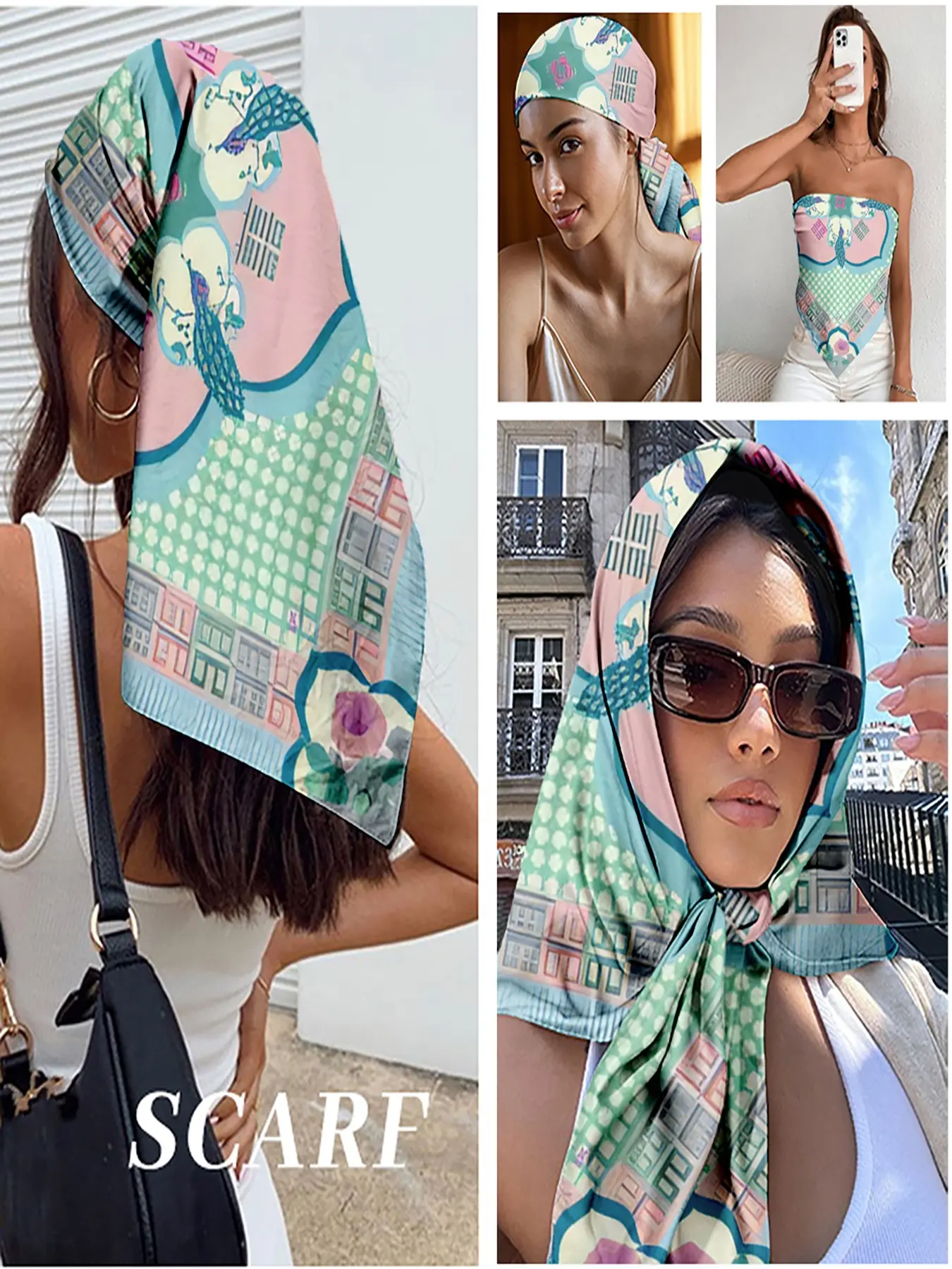 Pastel Pink & Mint Chinese Double Happiness Print Square Scarf - Elegant Satin Bandana for Women, Versatile Hair Wrap/Neck Scarf/Bag Accessory, Perfect for Wedding Events & Lunar New Year Fashion