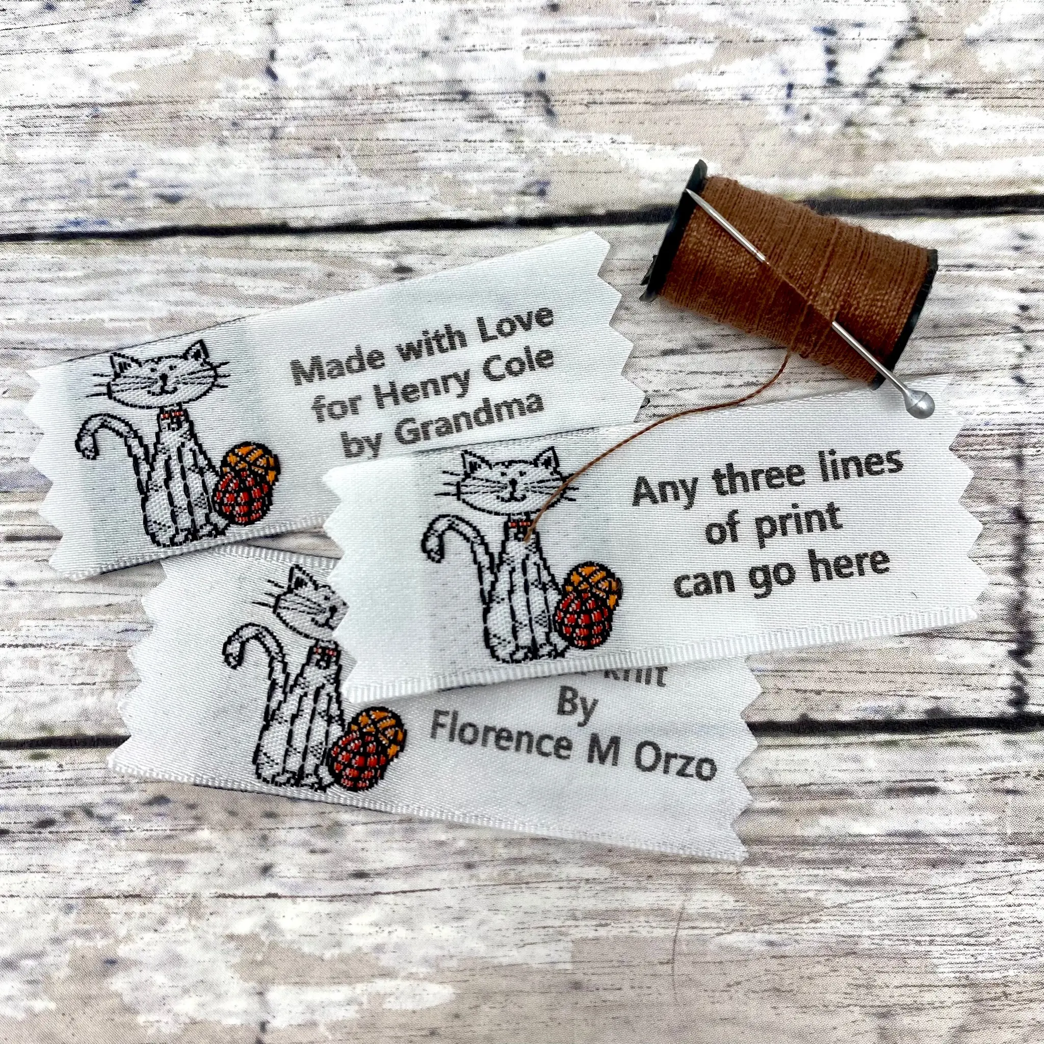 Name Maker Cat with Yarn Woven fabric labels for sewing knitting crocheting and quilting
