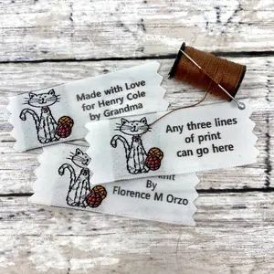 Name Maker Cat with Yarn Woven fabric labels for sewing knitting crocheting and quilting