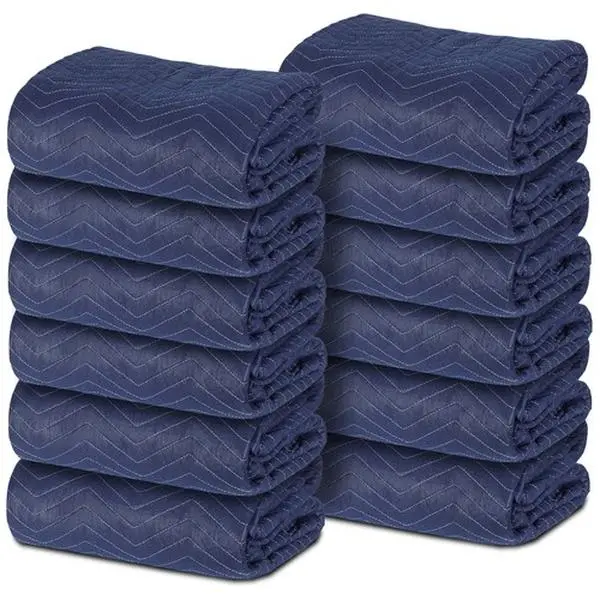Zenstyle Resilient Tear-Resistant Moving Packing Blankets (12-Piece, 80"x72", 35 lb/dz) - Dark Blue/Black Reinforced Stitched Home Move Shipping Pads for Cargo Haulers, Hang Dry Compatible