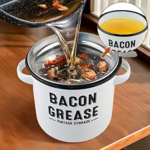 Bacon Grease Container with Strainer - 46oz Enamel Oil Container Grease Saver, Farmhouse Bacon Grease Keeper For Kitchen Fat Storage, Dishwasher Safe