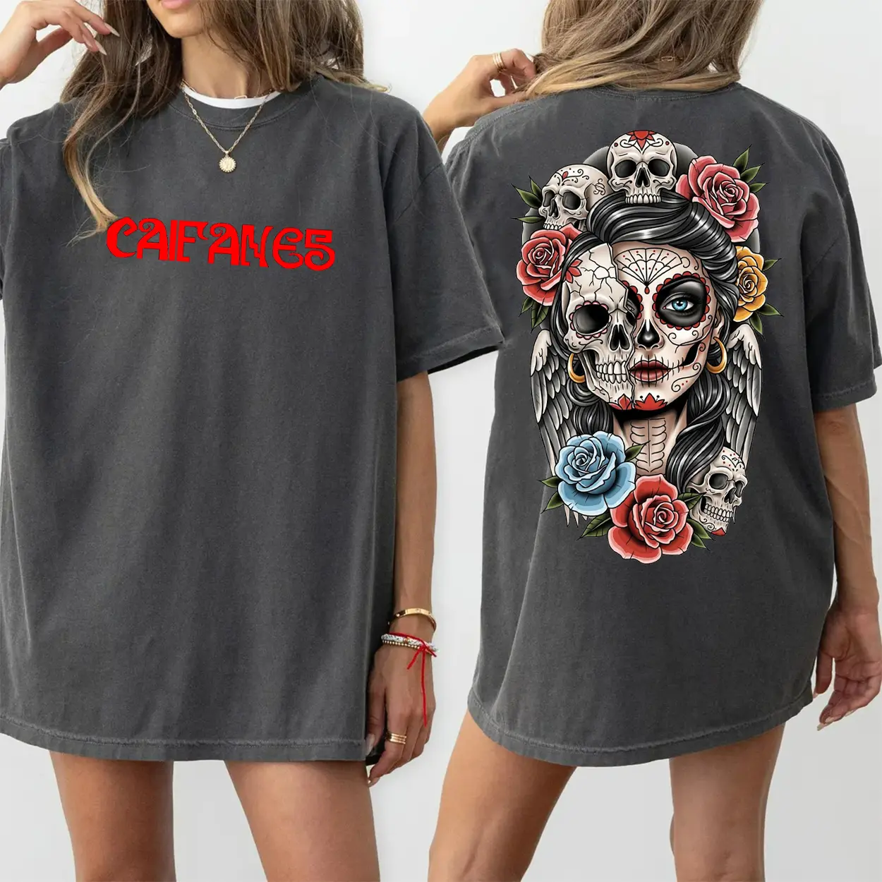 Caifanes La Catrina Skull Rose Comfort Color Printed Tee Ring-Spun Cotton Soft-Washed T-Shirt Trendy Tops Perfect Gift