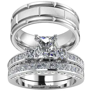 Ringcrown Couple Rings Matching Ring Three stone Square Cut 1.5ct CZ White Gold Plated Women Wedding Ring Sets For Him And Her Ring Sets Men Titanium Steel Wedding Band