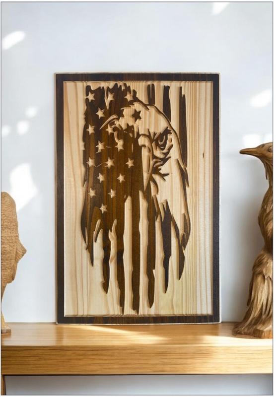 Eagle Tattered U.S. Flag Wooden Hangable 18x12 Plaque for Home Decoration with Natural Wood Finish and American Flag Design