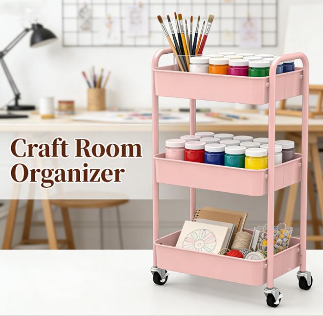 3-Tier Rolling Metal Storage Organizer Mobile Utility Cart with Caster Wheels Pink Blade Stand Durable Powder-Coated Steel Frames Mesh Baskets Easy Installation