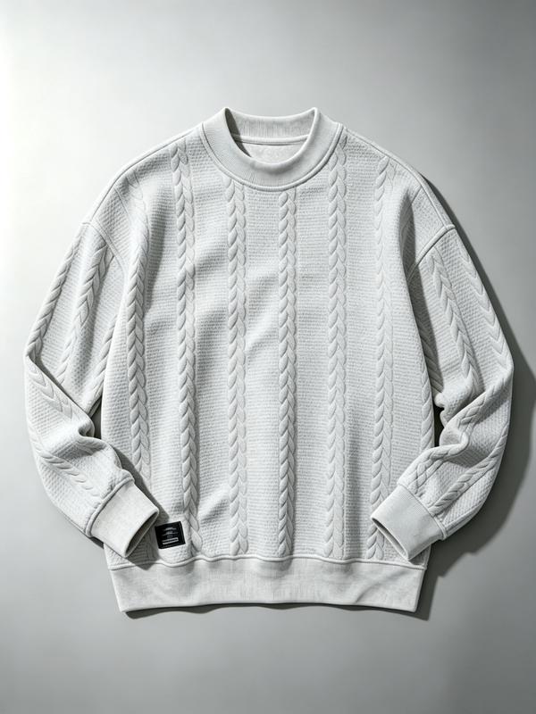 Men's Cable Knit Crew Neck Sweatshirt, Casual Long Sleeve Textured Pullover, Loose Fit Daily Wear Top For Autumn Winter