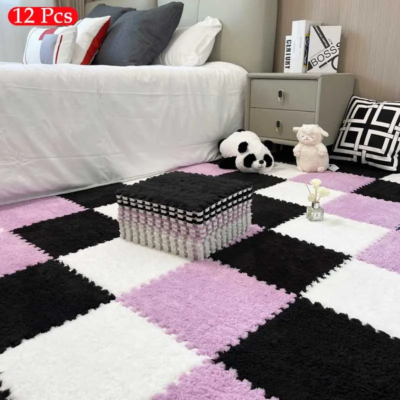Puzzle Carpet, 12pcs/set Soft Plush Foam Floor Mat, Decorative Anti-slip Comfort Seat Pads for Home Living Room Bedroom Study Room