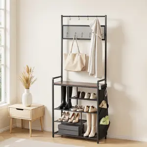 VEVOR Hall Tree, 70.9 in Coat Rack with Shoe Storage, Freestanding 4-Tier Shoe Rack Organizer with Hooks, Side Pocket and Wire Shelf, Steel Frame Entrance Coat Holder for Entryway, Bedroom, Closet