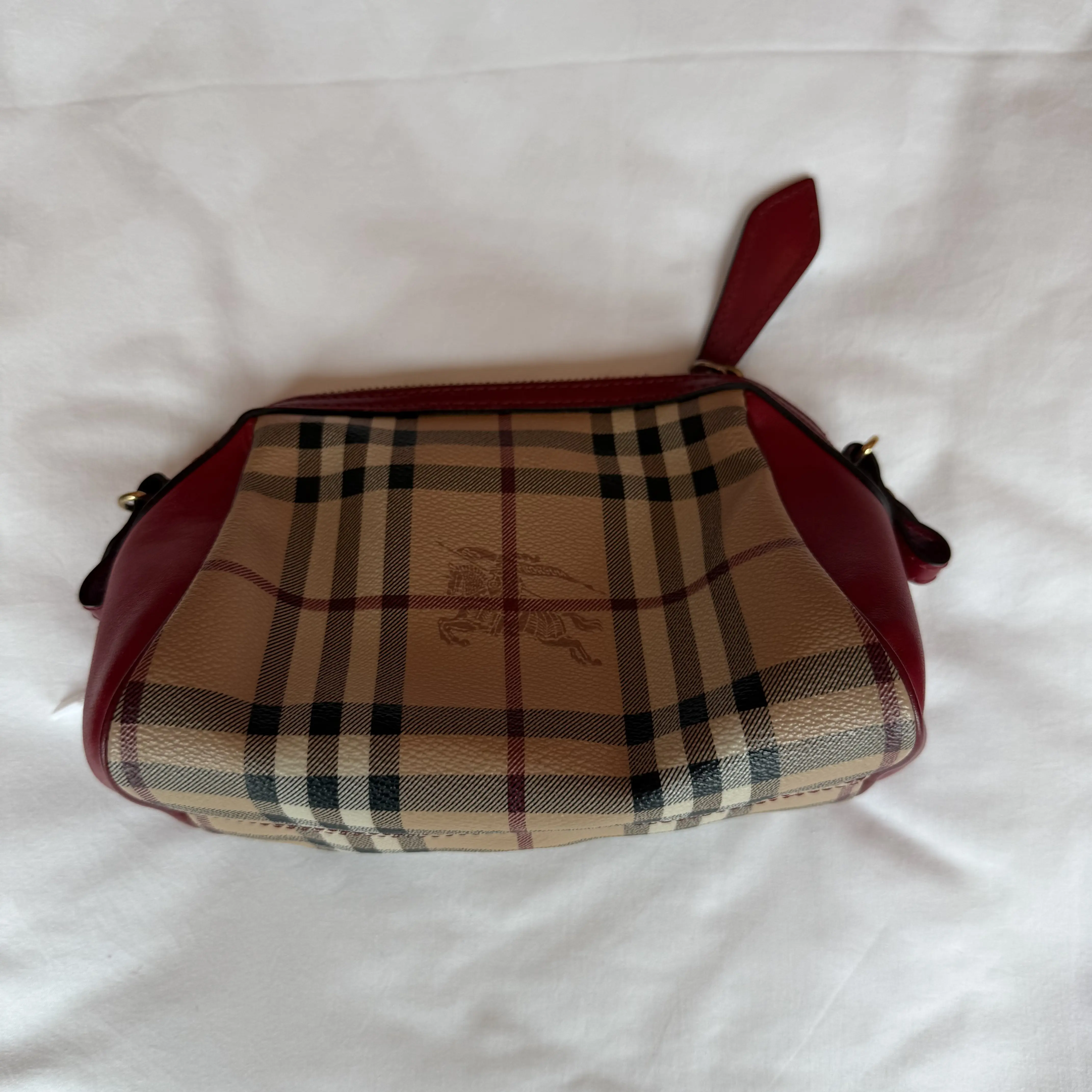 Pre-owned BURBERRY Haymarket Check Mini Pouch Beige Check Canvas Knight Logo Red Leather Trim Zip Crossbody Handbag