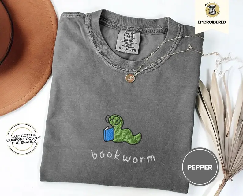 Comfort Colors Embroidered Bookworm Shirt, Cute Book Lover Graphic Tee, Minimalist Reading Club Shirt, Cozy Literary Gift for Readers