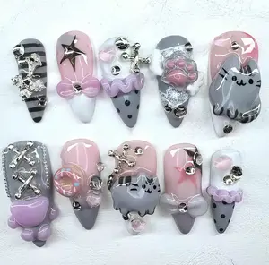 Punk Kitty Dream Press On Nails | Kawaii Silver Cat & Bow Nail Set
