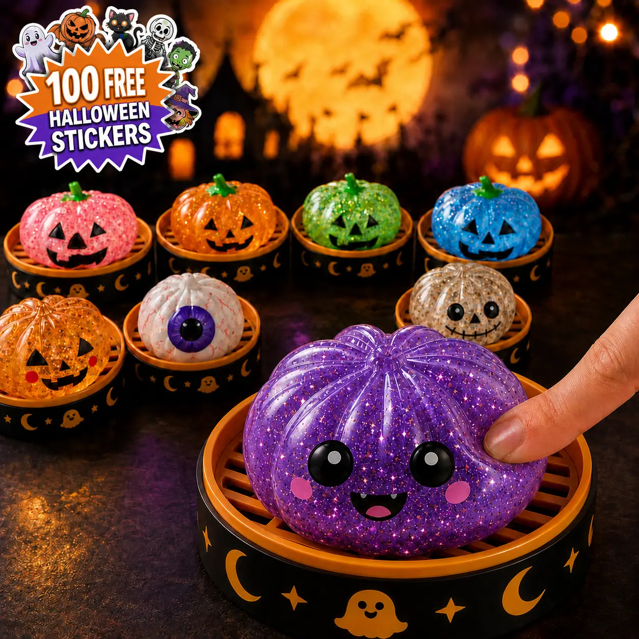Halloween Mystery Squishy Collection, 8 Spooky Pumpkin & Purple Eyeball Designs with Mini Steamer Basket, Glitter Jelly Squeeze Sensory Fidget Toy, Soft Slow-Rebound Desk Decor, Trick-or-Treat Party Favor for Kids Adults