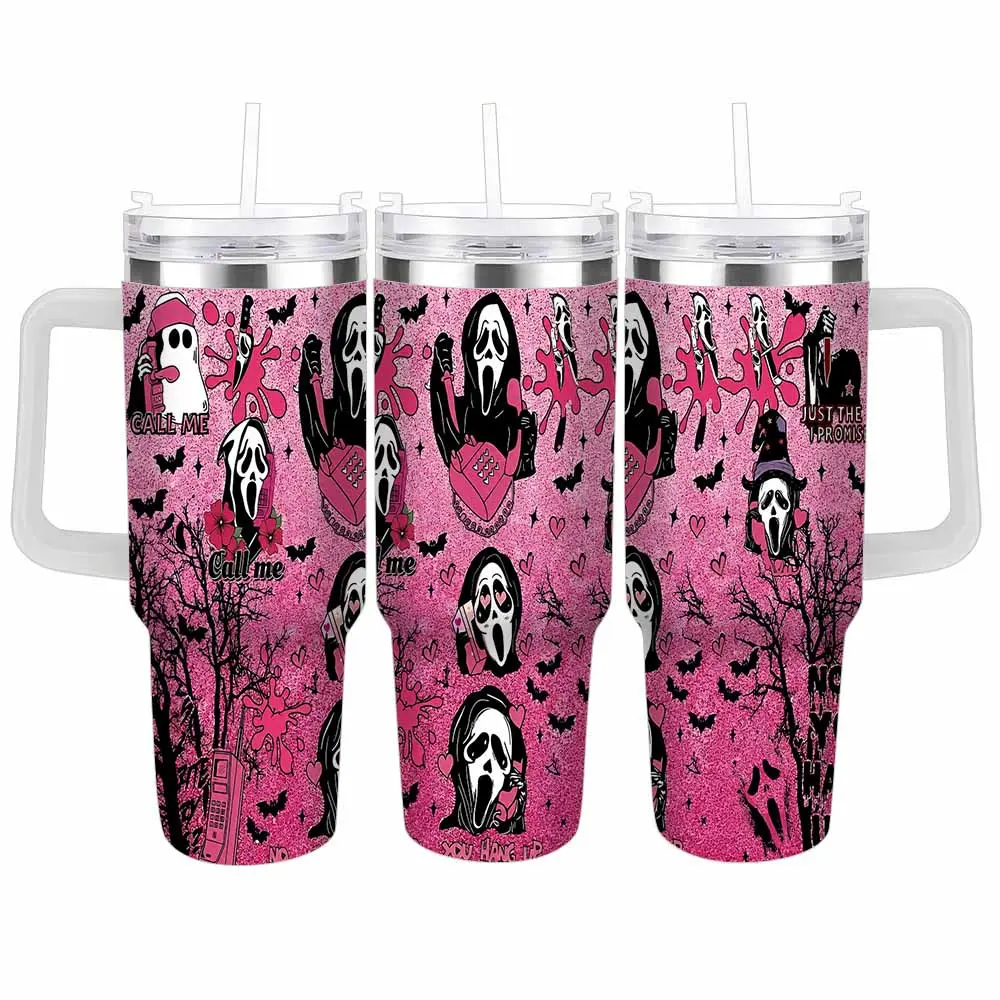 Ghost Face Horror Movie Tumbler 40oz/30oz Pink Glitter Pattern Insulated Stainless Steel Cup Leakproof Travel Mug Spill Resistant For Halloween Party Daily Commute Unique Birthday Gifts