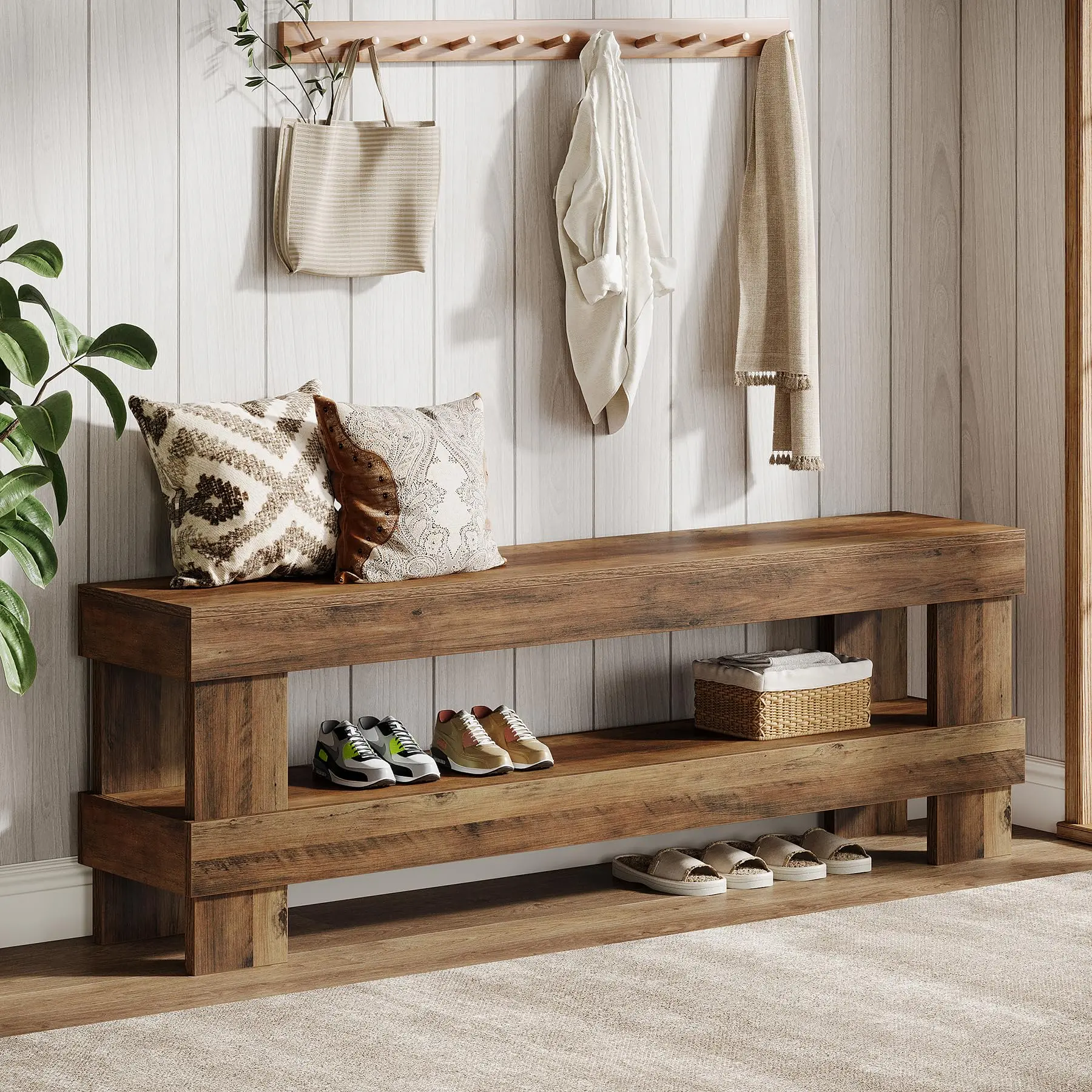 Tribesigns 59-Inch Farmhouse Entryway Bench for Bedroom, Living Room with 2-Tier Shoe Storage in Rustic Brown Tribesigns 59-Inch Farmhouse Entryway Bench for Bedroom, Living Room with 2-Tier Shoe Storage in Rustic Brown