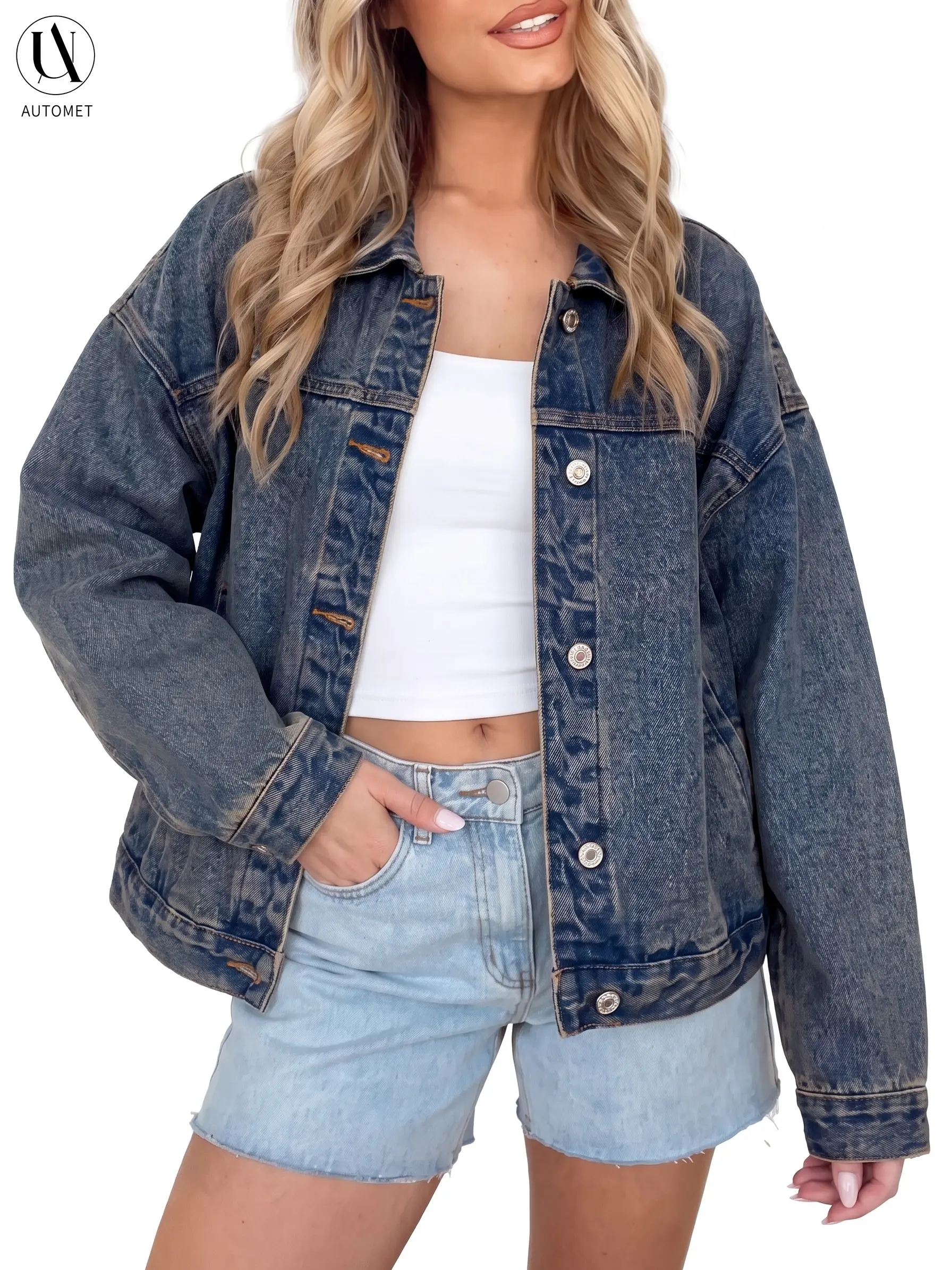 AUTOMET Women's Cropped Vintage Washed Denim Jacket - Oversized Lapel, Button-Down, Casual Short Jean Trucker Coat for Women's Tops