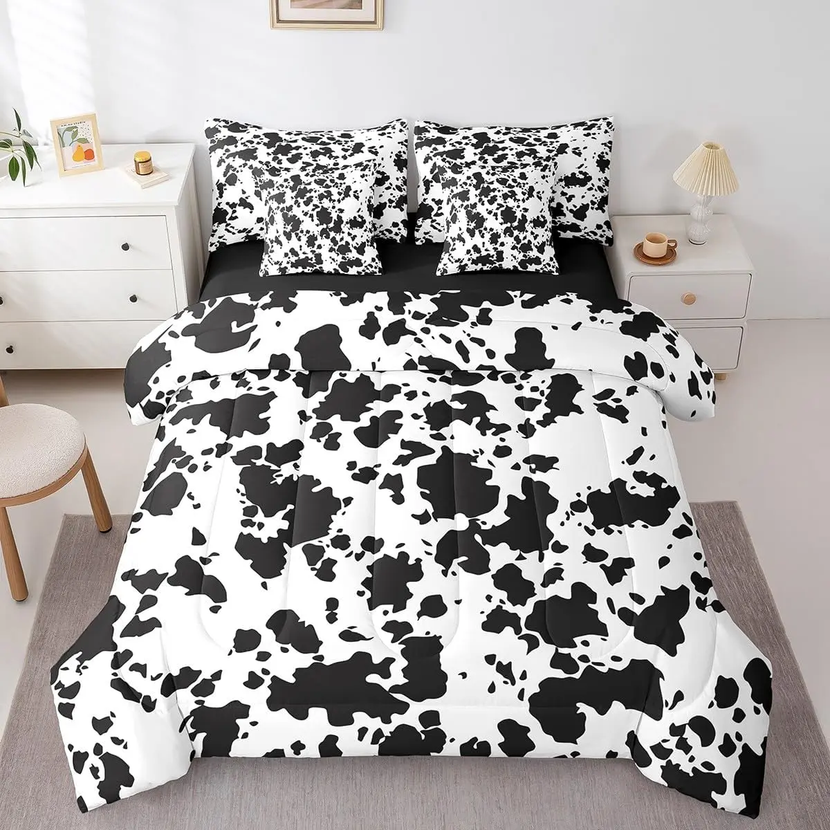 Feelyou 7-Piece Cow Print Bed-in-a-Bag, Microfiber Soft Queen Size Quilt Comforter Bedding Set, Black-White Cattle Themed Bed Sheets Set for Teens, Farmhouse Wild Animal Furnishings, Microfiber Bedding Set