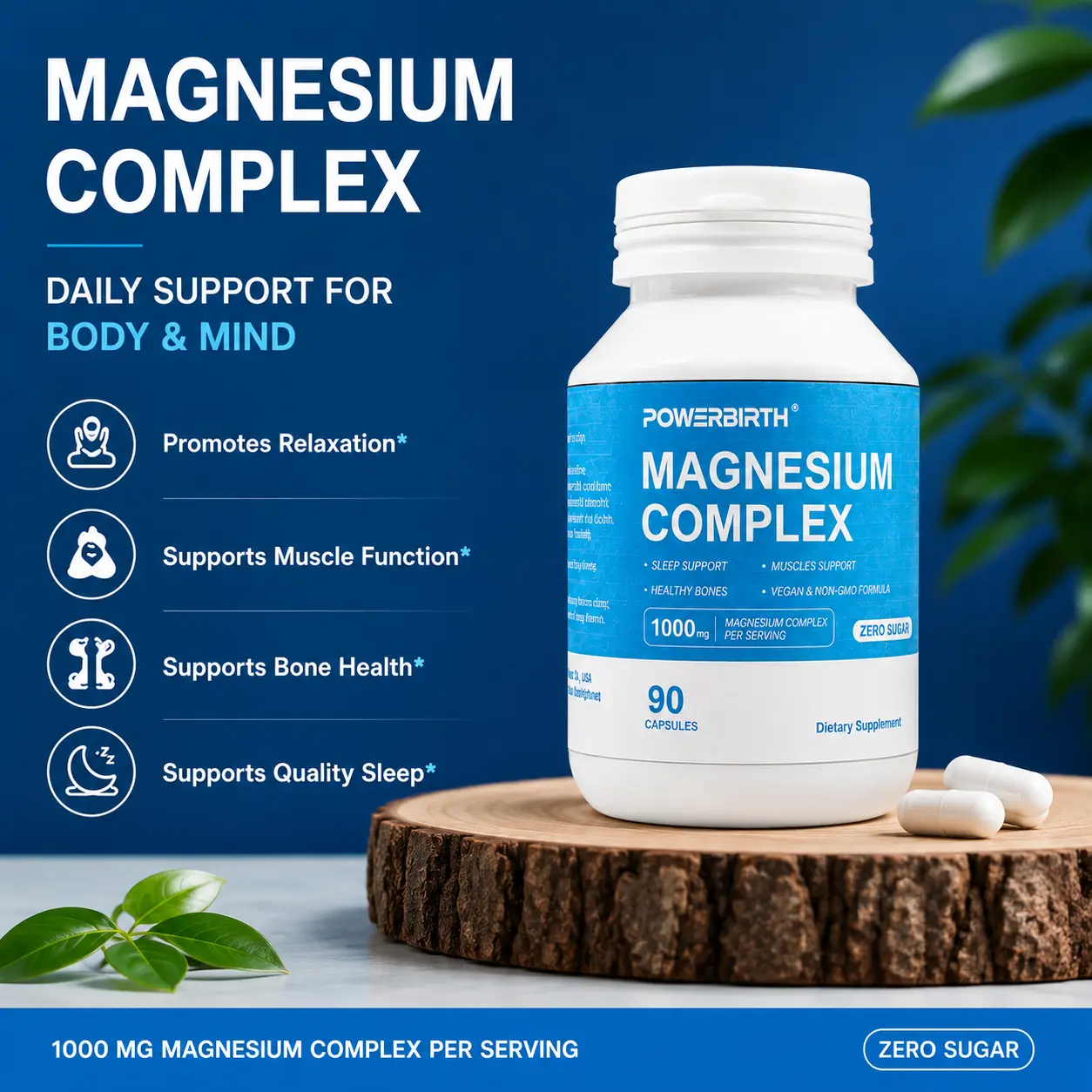 POWERBIRTH—Magnesium Complex Supplement, Post-Workout Supplement, 90 Vegan Capsules, Helps Promote Muscle Relaxation, Restful Sleep, and Stress Relief, Flavorless