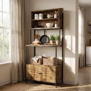 Farmhouse Microwave Stand with Power Outlets & Storage Cabinet | Bakers Rack with USB Ports, Kitchen Coffee Bar Organizer for Spices, Dishes, Pots