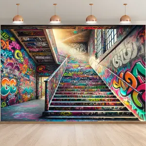 Graffiti Doodle Theme Stair Banner Backdrop for Home Decor, Versatile Living Room and Bedroom Decoration, No Power Needed, Multiple Sizes Available