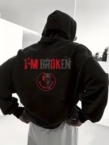 Men's Black Oversized Hoodie "I'M BROKEN" Edgy Smile Graphic Dark Rebel Vibe Streetwear Sweatshirt for Bold Personality