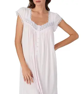 Women's Pullover Waltz Nightgown, Floral Print Cotton Modal Knit with Lace Trim and Cap Sleeves