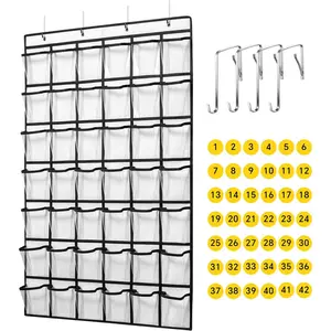 42 Clear Pockets Classroom Pocket Chart for Cell Phones and Calculator, Pocket Chart Organizer for Classroom Phone Storage Holder with 42 Number Sticker and Hooks (White)