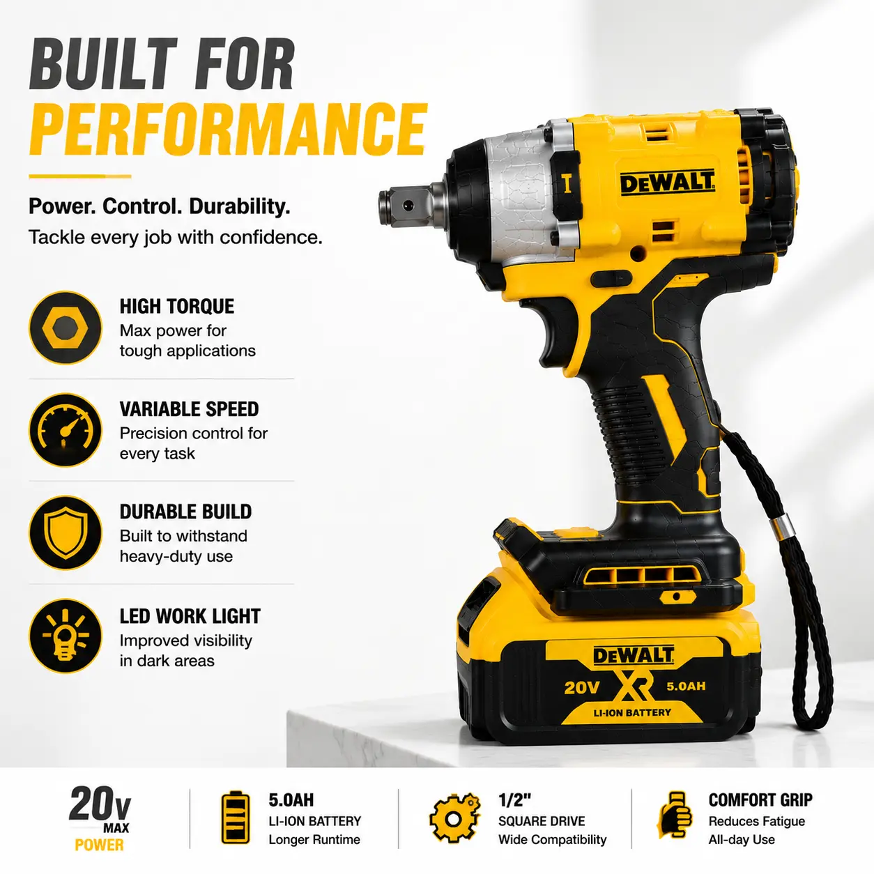 DEWALT Yellow Wrench Set, Hand Tool for Tightening and Repair, Durable Alloy Steel Material, High Strength Design with Comfortable Grip, Multi Size Wrench Kit, DIY Tools, Mechanic Tools, Garage Workshop, Automotive Repair and Home Maintenance