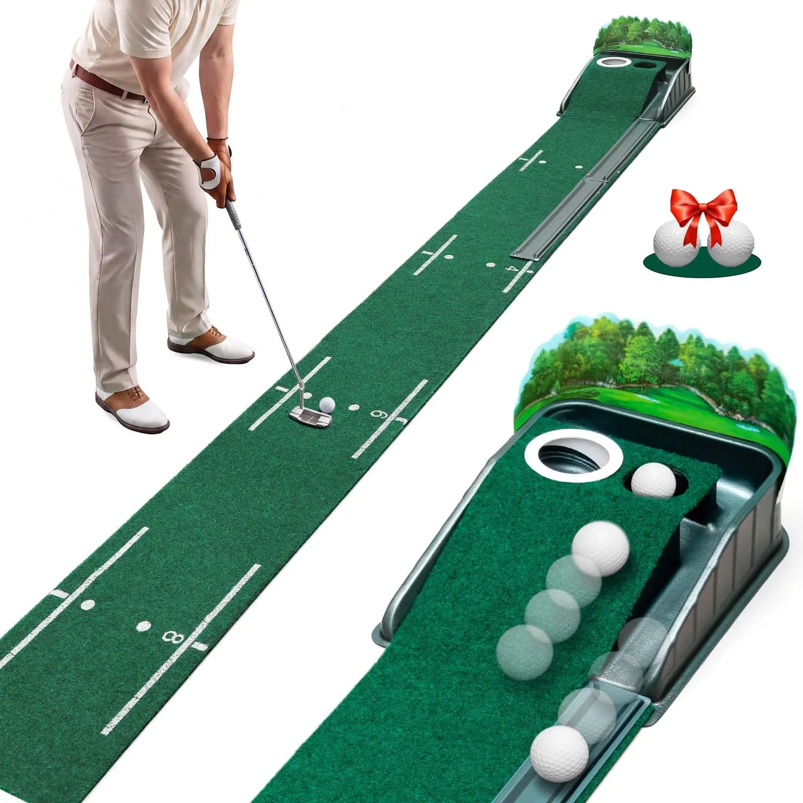 Putting Green Indoor - Golf Putting Mat with Realistic Green Speed, Dual-Hole Precision Golf Practice Putting Mat with Auto Ball Return, 8ft Golf Mat for Indoor & Outdoor Training, Ideal Golf Gifts