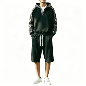 Men’s hoodie and shorts set featuring ethnic-style printed patchwork and soft fleece streetwear—casual everyday wear.