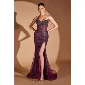 Ladivine CD727 Women's Elegant Sleeveless Formal Strapless Deep V-Neck Corset Fitted Gown - Prom Wear with Tulle Overlay, Sequin Fabric, Lace-Up Detail, Slit for Flattering Leg Silhouette