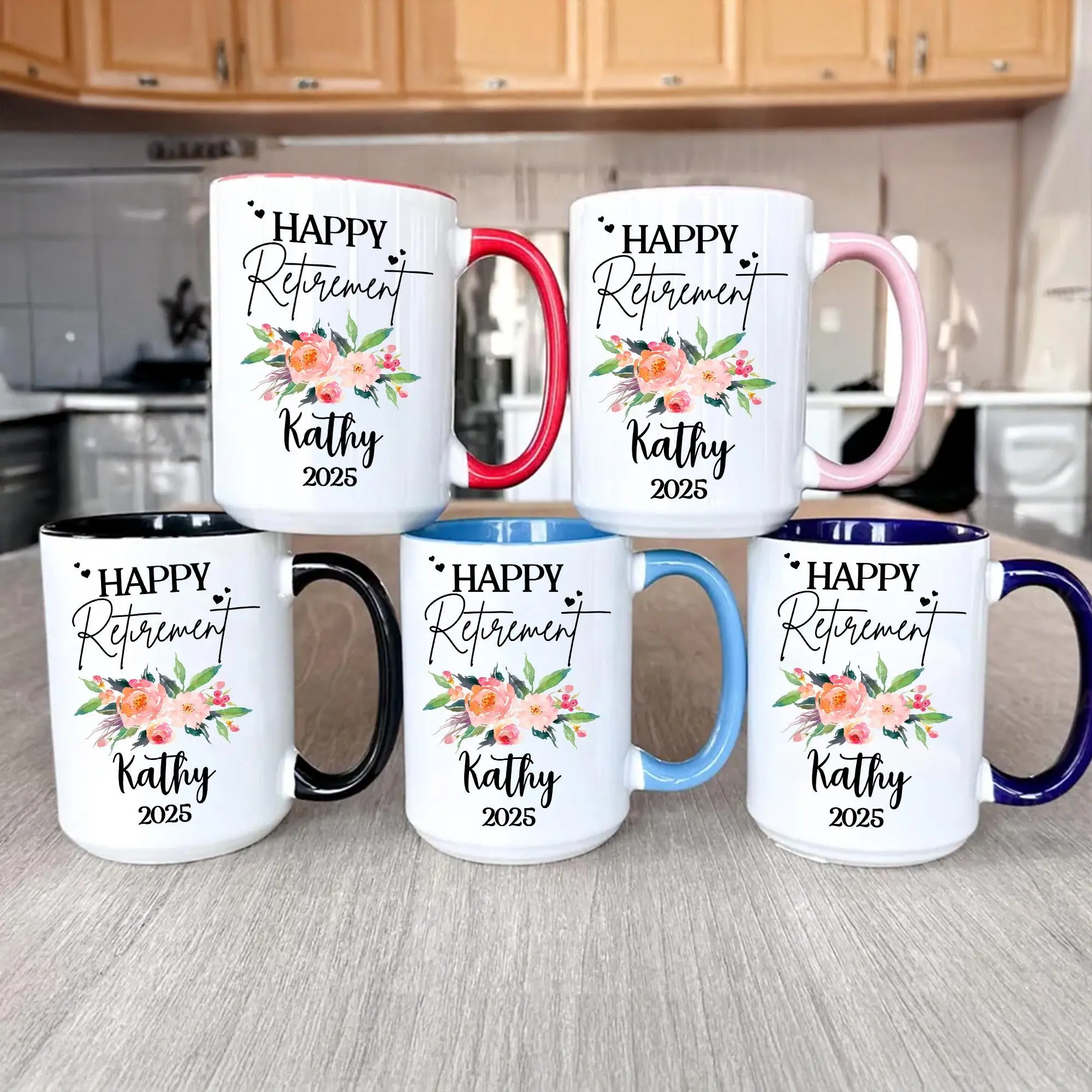 Happy Retirement Mug, Custom Mug With Name, Happy Retirement Gift, Gifts For Her, Coffee Mug For Retiree, Mug For Coworker, Floral Style Mug Ceramic Drink