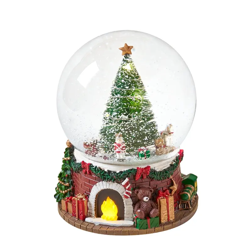 Bear Fireplace Train Resin Snowflake Crystal Ball Ornament, Christmas Tree Music Box Eight-Tune Box with Glowing Desktop Decorations