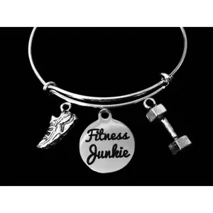 Fitness Junkie Adjustable Silver Charm Bracelet Expandable Wire Bangle Trendy One Size Fits All Gift  Exercise Runner Weight Lifting