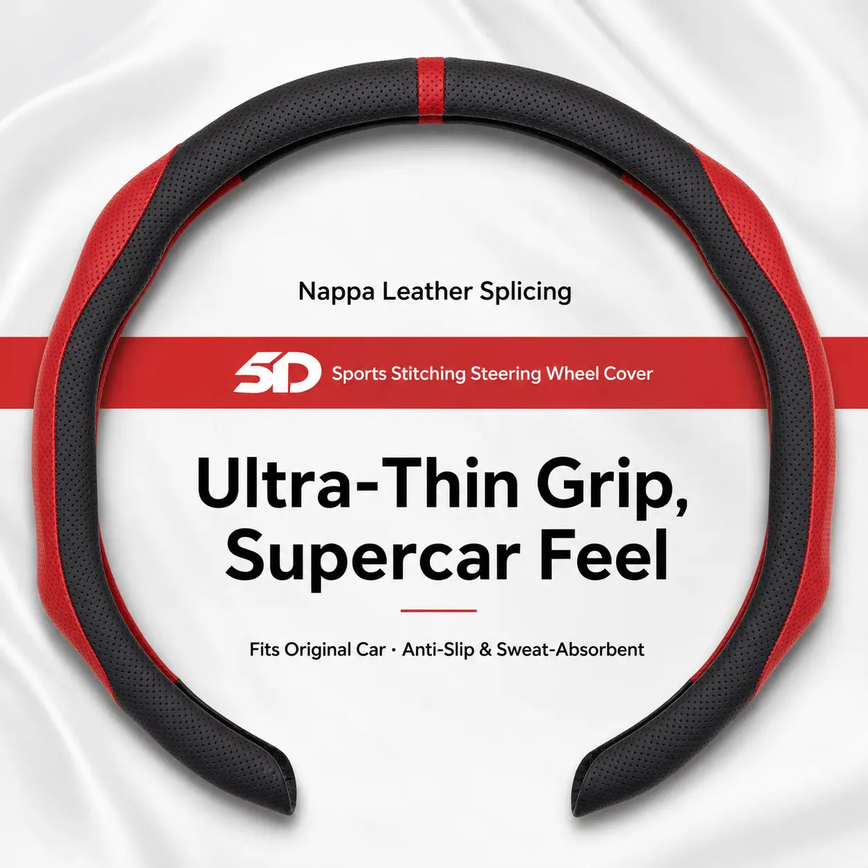 15-Inch Nappa Leather Steering Wheel Cover, 2-Tone Sporty Design, Ultra-Thin Anti-Slip Grip, Breathable Universal Fit Car Interior Upgrade Accessory