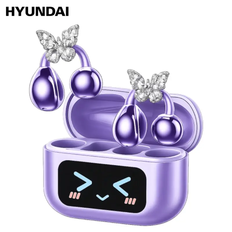 HYUNDAI M100 Women's Open-Ear Clip Earbuds with Removable Butterfly Earrings, Smart LCD Touch Screen, Bluetooth 6.0 Wireless Headphones, Lightweight, Sweat-Resistant, Stylish for Daily Wear, Compatible with Android & iOS