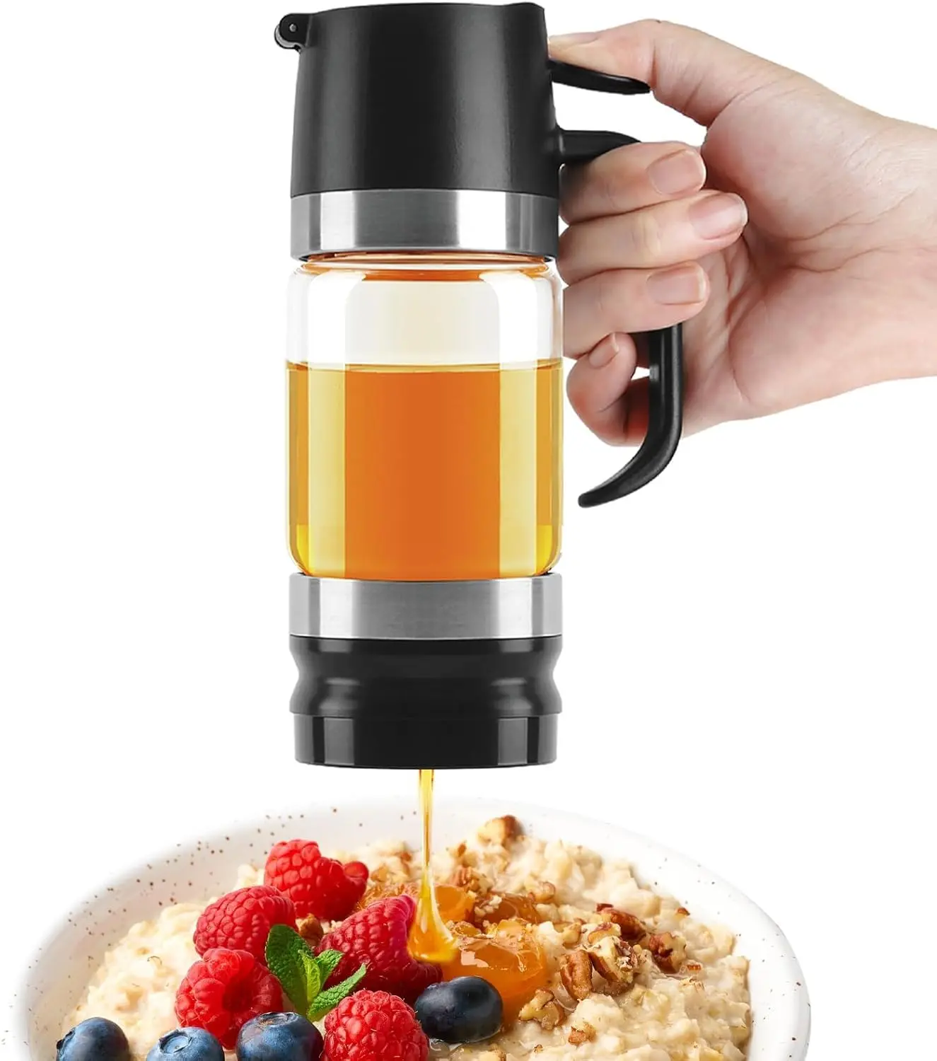 Honey Dispenser No Drip - 9 OZ Honey Pot Honey Jar with Handle - Maple Syrup Dispenser, Black