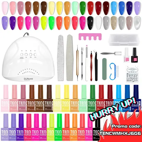 Tencoco 51 Pcs Gel Nail Polish Kit 35 Colors with Crystal Cat Eye Nail Art Tools Set UV Light Translucent Glossy Formula Perfect Gift for Women Manicure SummerVibes