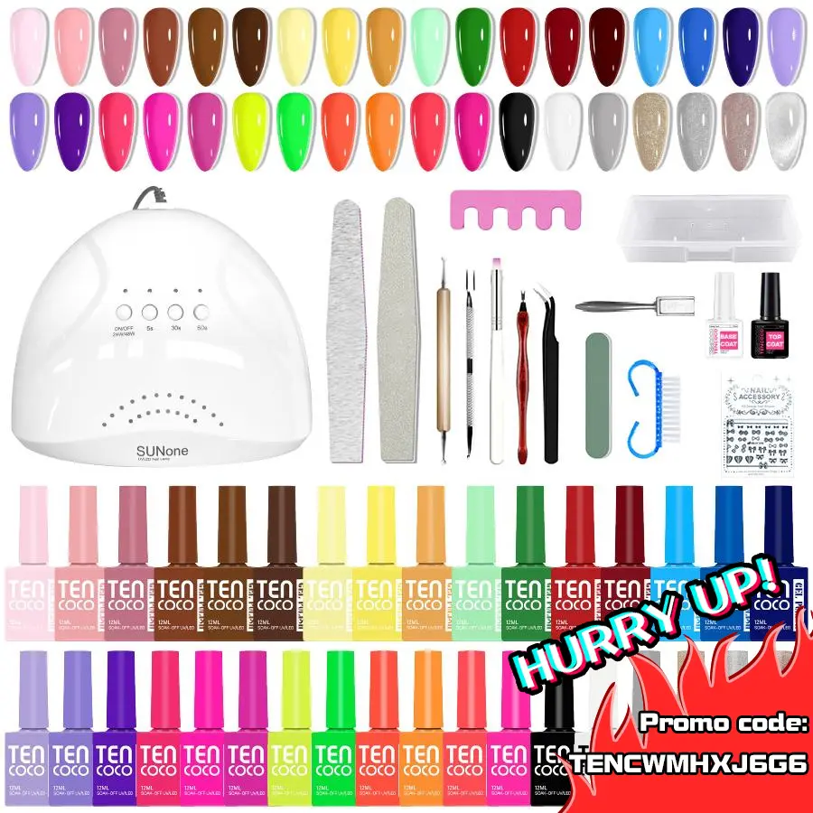 Tencoco 51 Pcs Gel Nail Polish Kit 35 Colors with Crystal Cat Eye Nail Art Tools Set UV Light Translucent Glossy Formula Perfect Gift for Women Manicure,familyfun