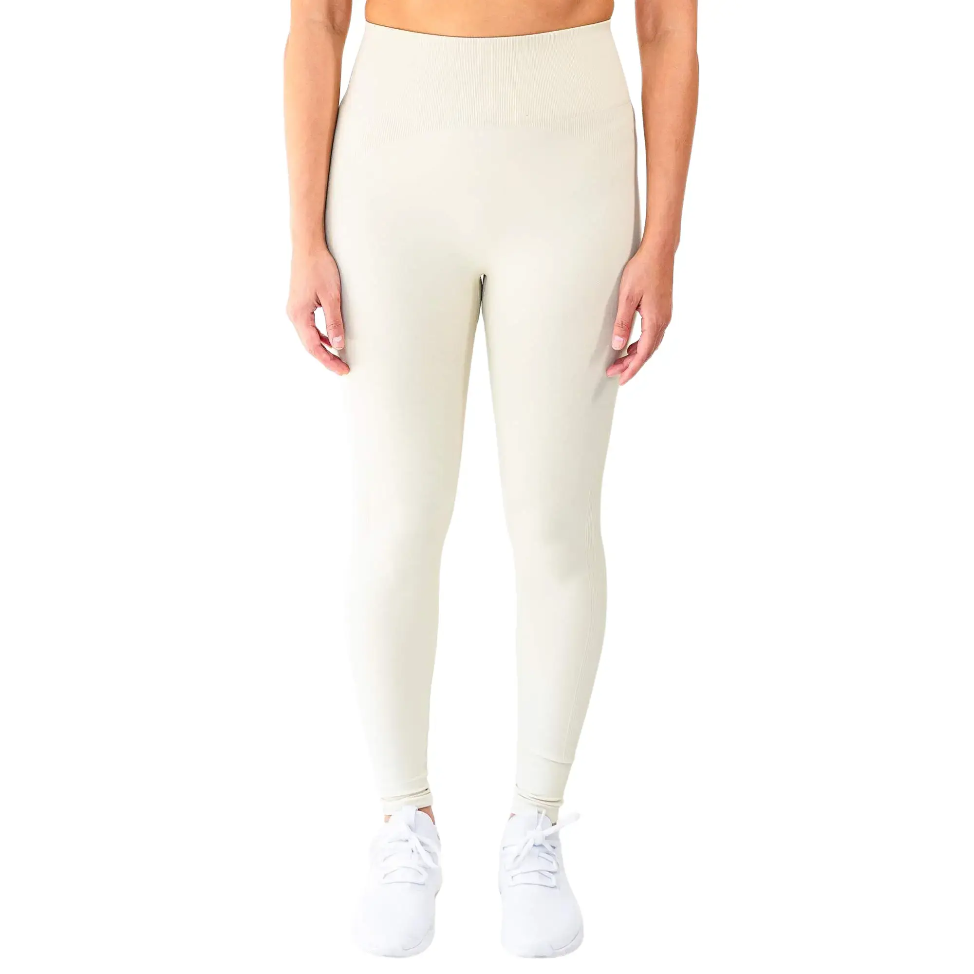 Contrast Women's High Waist Seamless Leggings in Cream – Tummy Control, Squat Proof Compression Fit, 4-Way Stretch Moisture-Wicking Nylon Spandex, Ribbed Leg Detail, Butt-Lifting Yoga Pants for Gym & Activewear