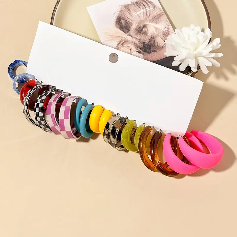 60-Piece Colorful Geometric Water Drop C-Shaped Dangle Earrings Set, Resin Ccb Alloy Material, Fashion Jewelry for All Occasions, Trendy Fashionable Accessories
