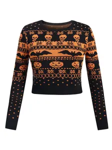 BLACK 1970S HALLOWEEN SKULL BAT CROP SWEATER Long Sleeve Autumn Fit Casual Knit