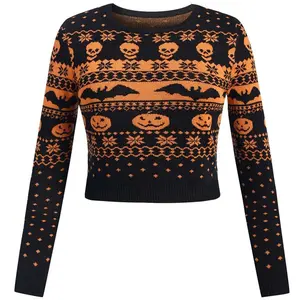 BLACK 1970S HALLOWEEN SKULL BAT CROP SWEATER Long Sleeve Autumn