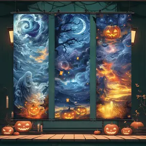 Hanging Banner, 3 Counts/set Scary Ghost Pattern Wall Art, Wall Decor for Home Living Room Bedroom, Halloween Party Poster