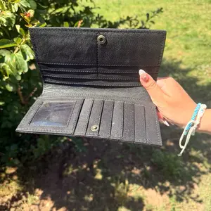 Black Hand-Tooled Leather Wallet, Premium Handcrafted Accessory with Secure Snap Closure