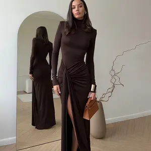 Women's High Neck Pleated Slit Long Dress, Slim Fit Knitted Long Sleeve Dress, Elegant Evening Wear, Autumn Winter Banquet Gown